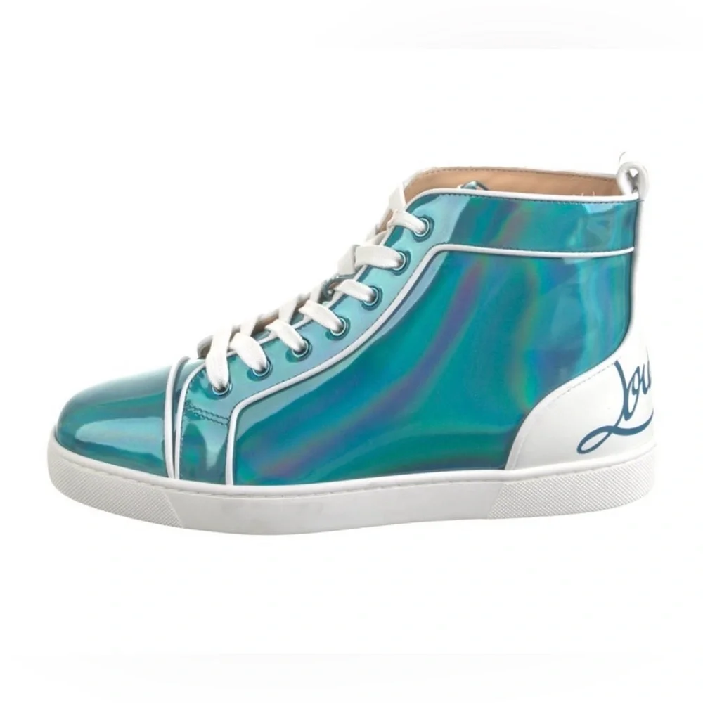 $995 CHRISTIAN LOUBOUTIN Patent Leather Blue Psychic Fun Hi Top Sneakers 41 EU 8 - Picture 3 of 11